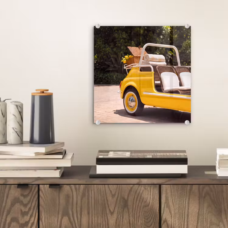 Glasbild - Auto – Picknick – Sommer – Gelb - Auto - Picknick - Zomer - Geel plexiglas 5mm klein