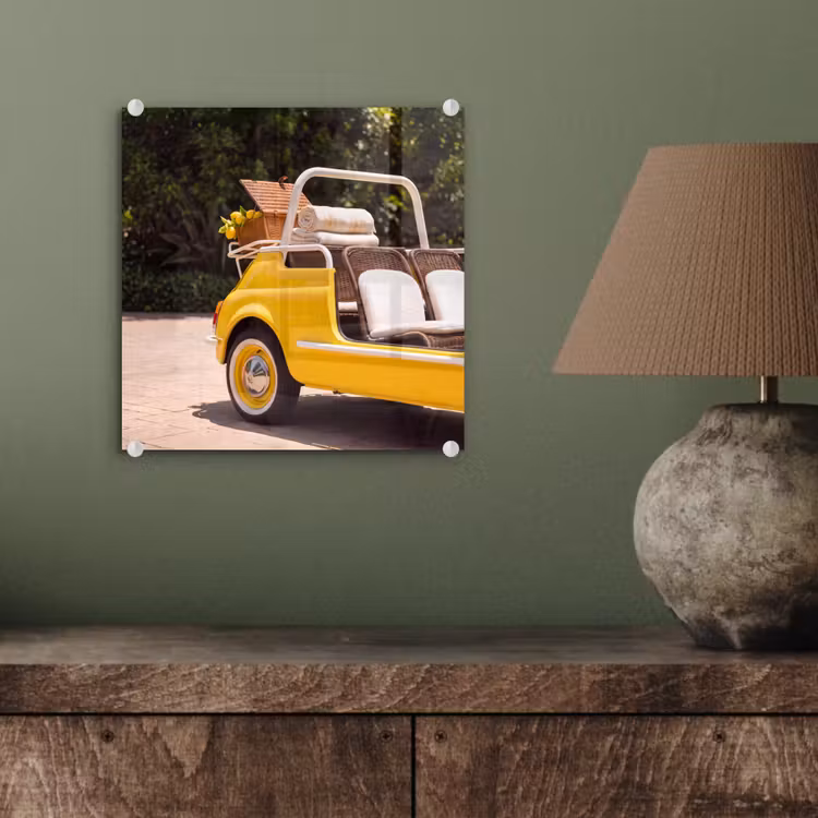 Glasbild - Auto – Picknick – Sommer – Gelb - Auto - Picknick - Zomer - Geel plexiglas 5mm klein