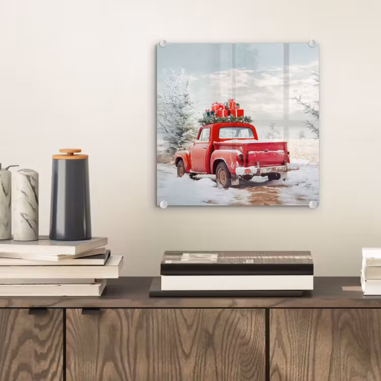 Auto - Rood - Cadeaus - Winter - Sneeuw - Kerst plexiglas 5mm klein -sfeer1