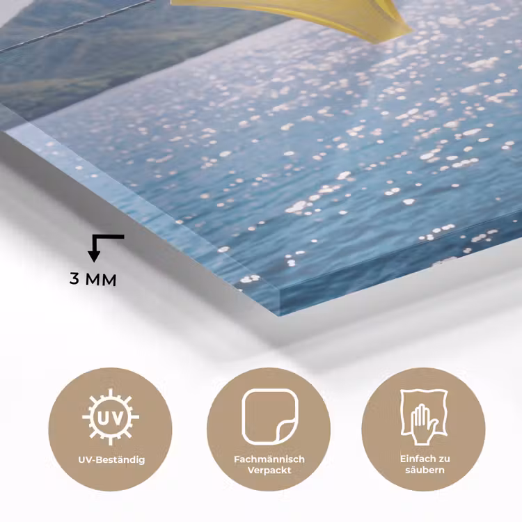Glasbild - Bademode – Bikini – Meer – Berge – Gelb - Badmode - Bikini - Zee - Bergen - Geel plexiglas 5mm klein