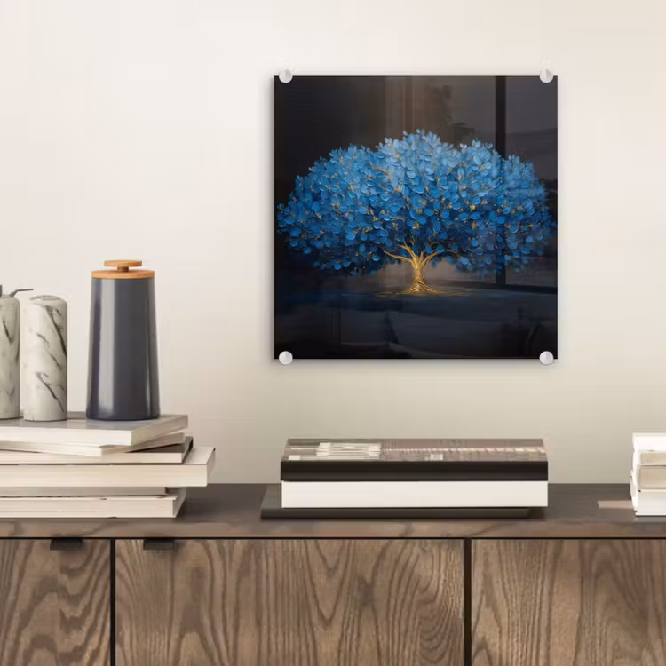 Boom - Blauw - Bladeren - Penseelstreken plexiglas 5mm klein -sfeer1