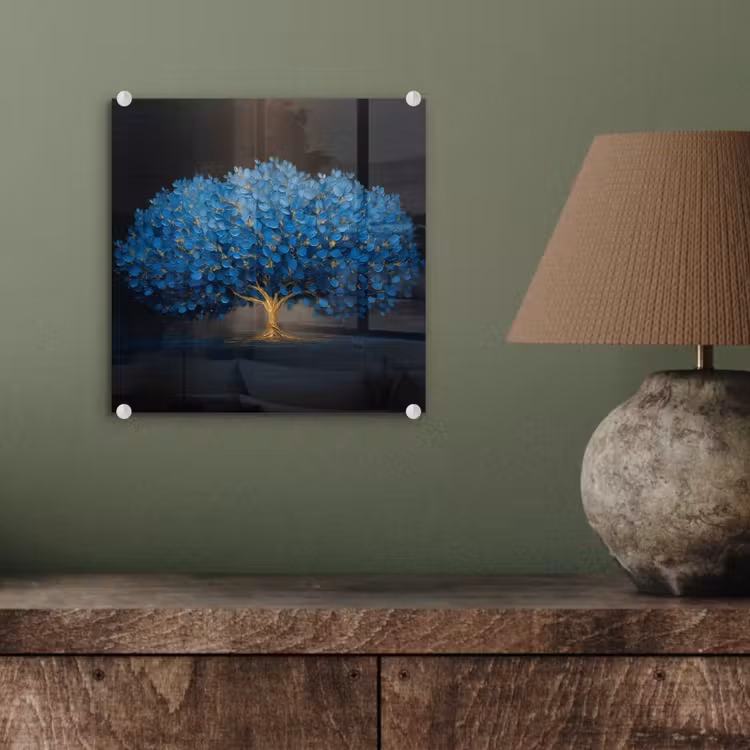 Boom - Blauw - Bladeren - Penseelstreken plexiglas 5mm klein -sfeer3