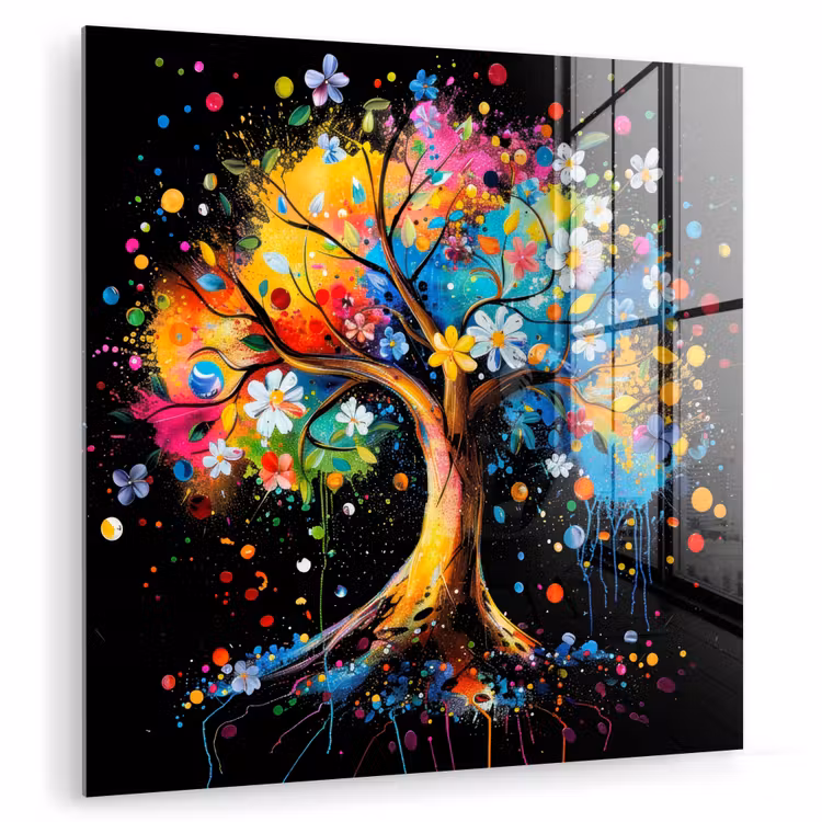 Boom - Kleurrijk - Bloemen - Zwart plexiglas 5mm klein -zzzproduct_nieuw