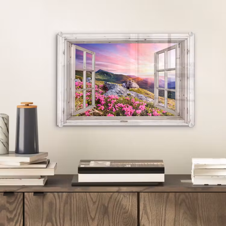 Bergen - Landschap - Doorkijk - Bloemen - Avond - Roze plexiglas 5mm klein -sfeer1