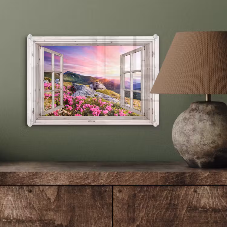 Bergen - Landschap - Doorkijk - Bloemen - Avond - Roze plexiglas 5mm klein -sfeer3