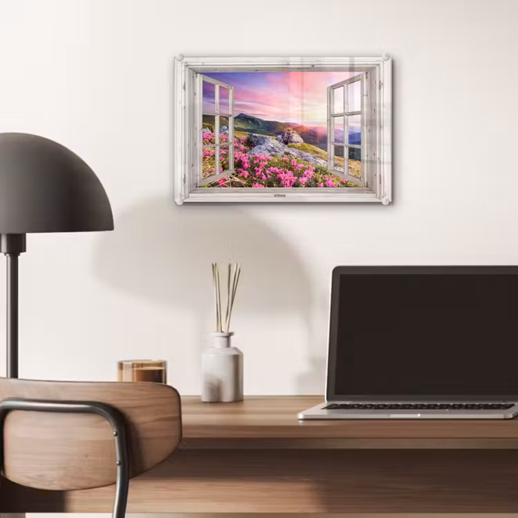 Bergen - Landschap - Doorkijk - Bloemen - Avond - Roze plexiglas 5mm klein -sfeer6