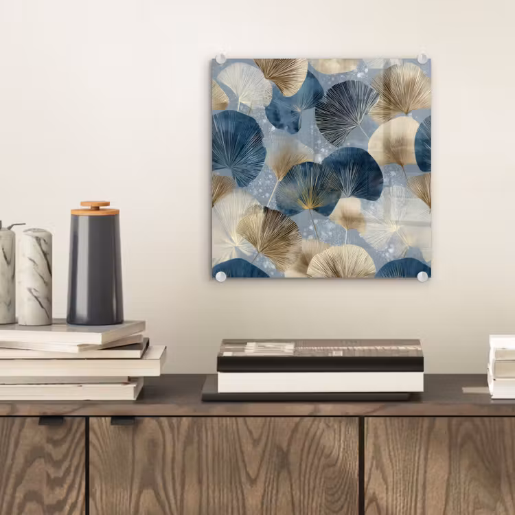 Bladeren - Abstract - Goud - Blauw plexiglas 5mm klein -sfeer1