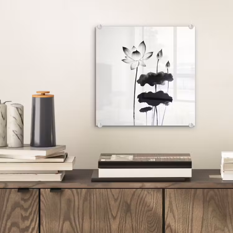 Bladeren - Zwart - Lotusbloem - Minimalitisch plexiglas 5mm klein -sfeer1