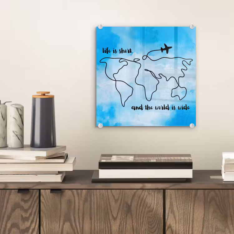 Blauw - Quote - Wereldkaart plexiglas 5mm klein -sfeer1