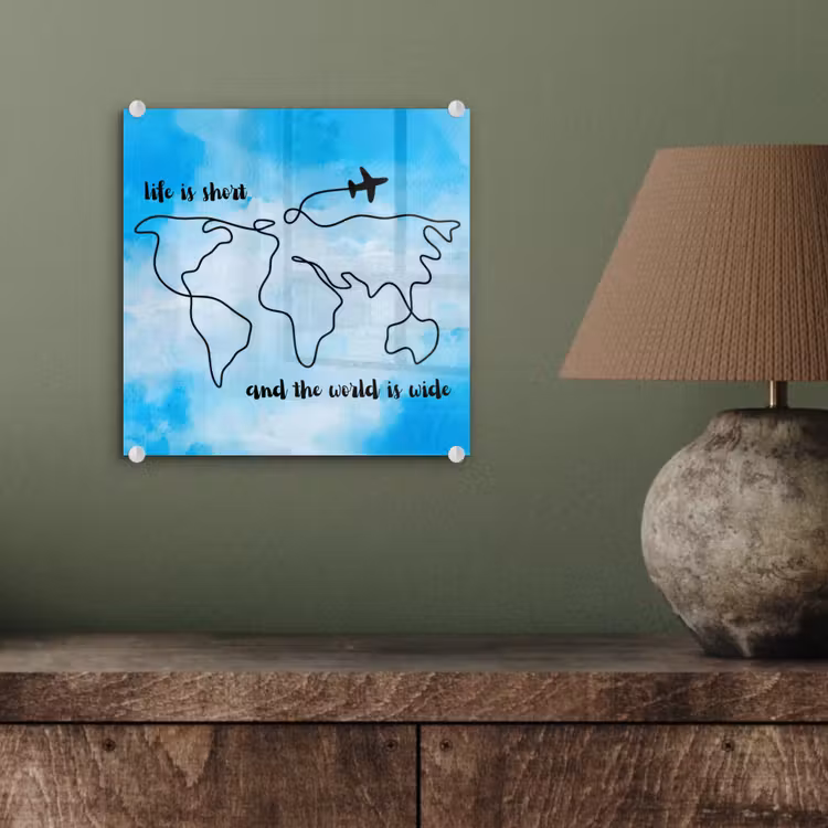Blauw - Quote - Wereldkaart plexiglas 5mm klein -sfeer3