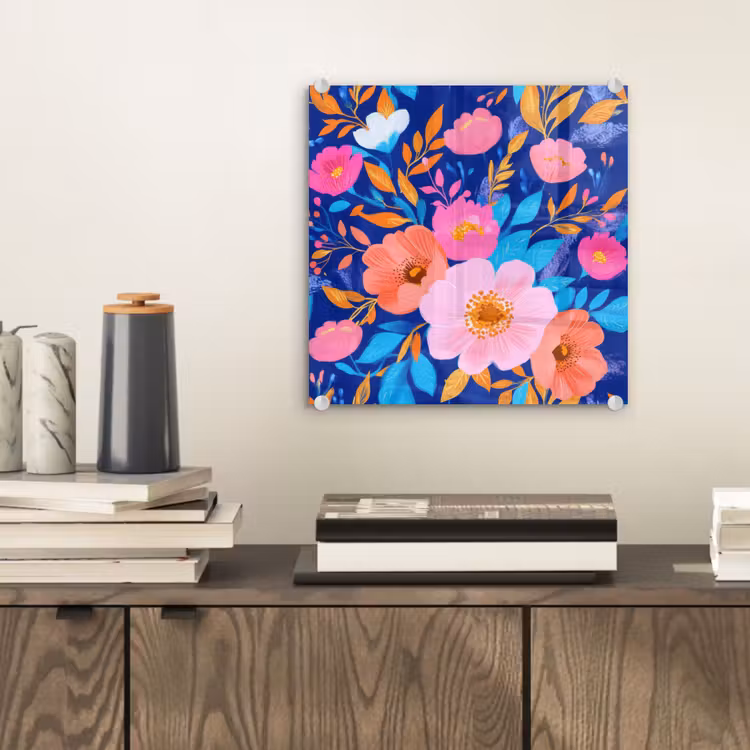 Bloemen - Blauw - Roze plexiglas 5mm klein -sfeer1