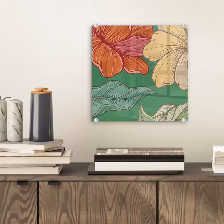 Glasbild - Blumen – Grün – Illustration - Bloemen - Groen - Illustratie plexiglas 5mm klein