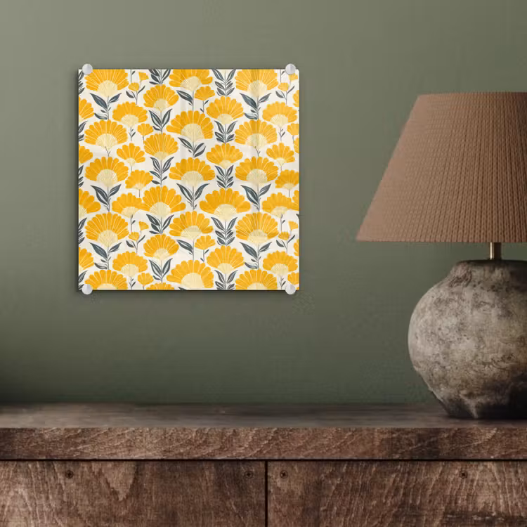 Bloemen - Retro - Botanisch - Okergeel - Grijs plexiglas 5mm klein 11 -sfeer3
