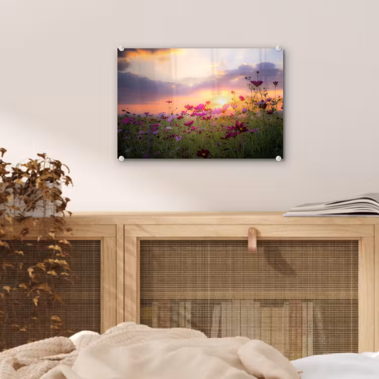 Bloemen - Roze - Zonsondergang - Natuur - Weide - Horizon plexiglas 5mm klein -sfeer3