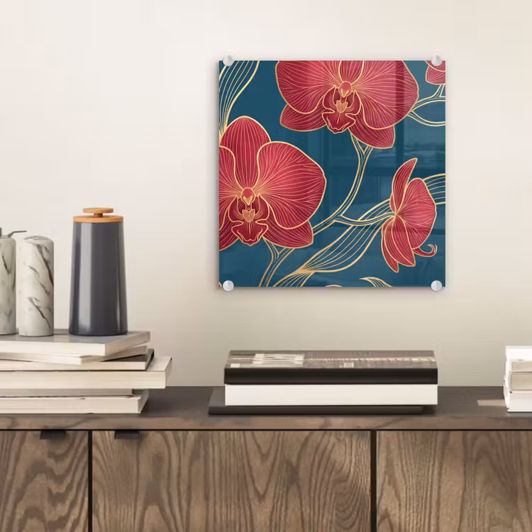 Glasbild - Blumen – Rot – Gold - Bloemen - Rood - Goud plexiglas 5mm klein
