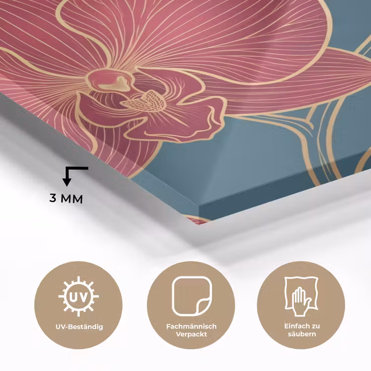 Glasbild - Blumen – Rot – Gold - Bloemen - Rood - Goud plexiglas 5mm klein