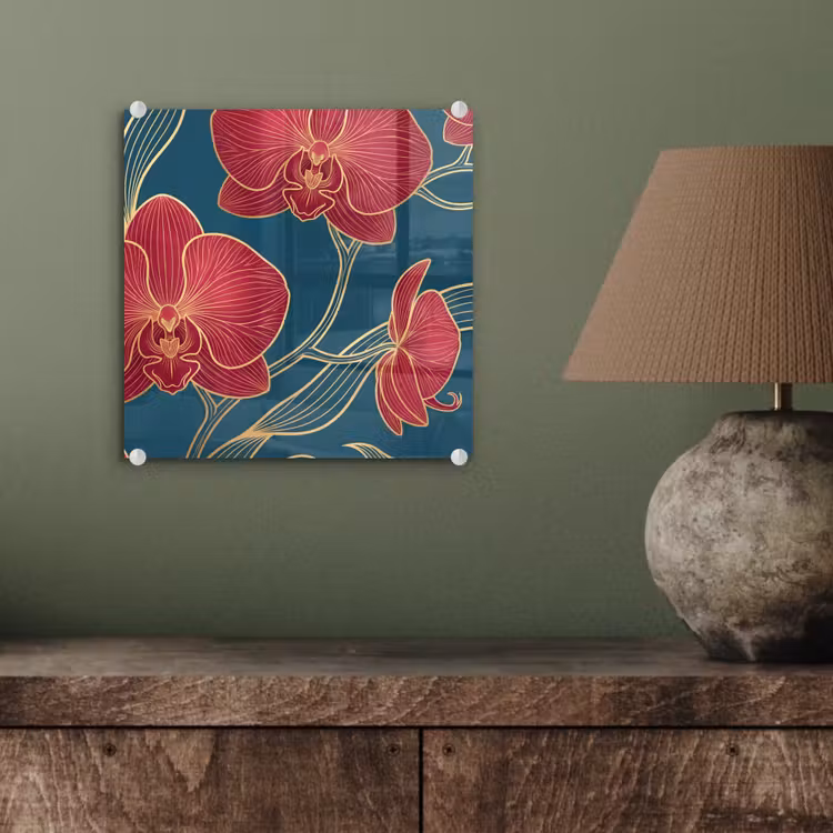 Glasbild - Blumen – Rot – Gold - Bloemen - Rood - Goud plexiglas 5mm klein