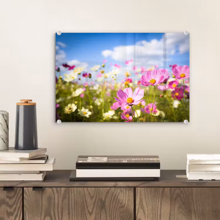 Bloemen - Wei - Paars - Gras - Wit - Wolken - Blauw plexiglas 5mm klein -sfeer1