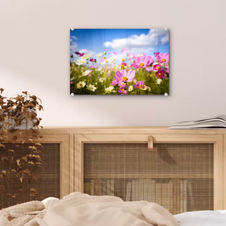 Bloemen - Wei - Paars - Gras - Wit - Wolken - Blauw plexiglas 5mm klein -sfeer3