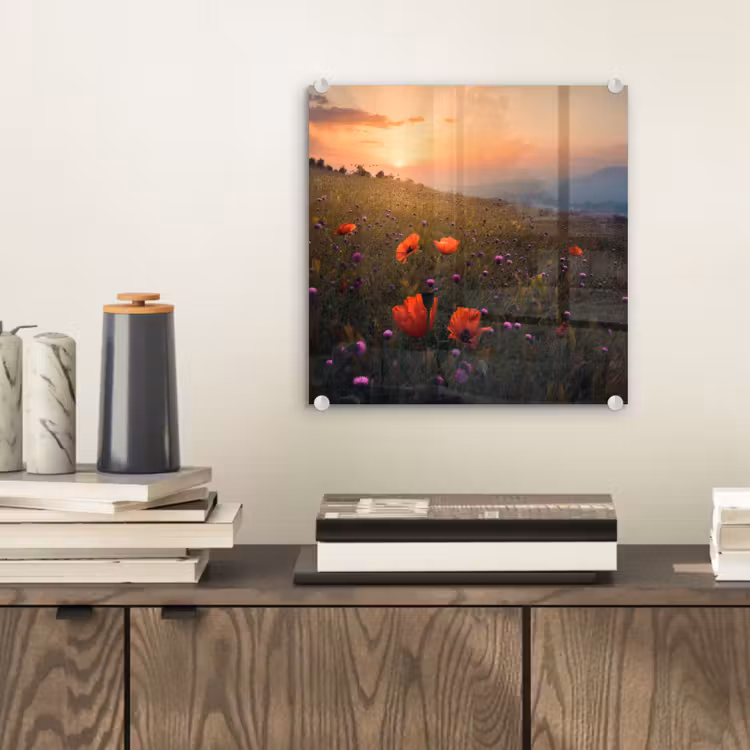 Bloemenveld - Gras - Bloemen - Planten - Zonsondergang - Oranje plexiglas 5mm klein -sfeer1