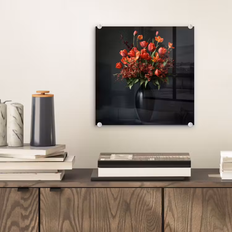 Boeket - Tulpen - Vaas - Rood plexiglas 5mm klein -sfeer1