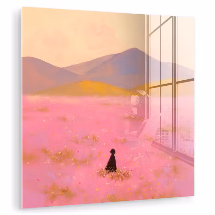 Bloemenweide - Heuvels - Silhouet - Roze plexiglas 5mm klein -zzzproduct_nieuw