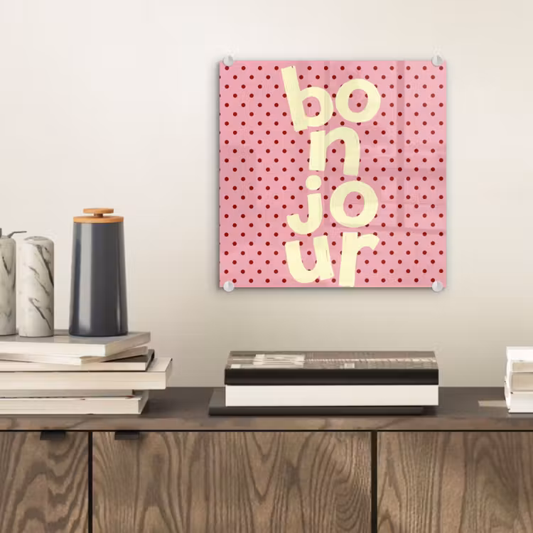 Bonjour - Stippen - Roze- Geel plexiglas 5mm klein -sfeer1