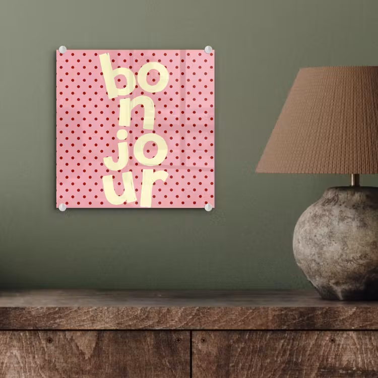Bonjour - Stippen - Roze- Geel plexiglas 5mm klein -sfeer3