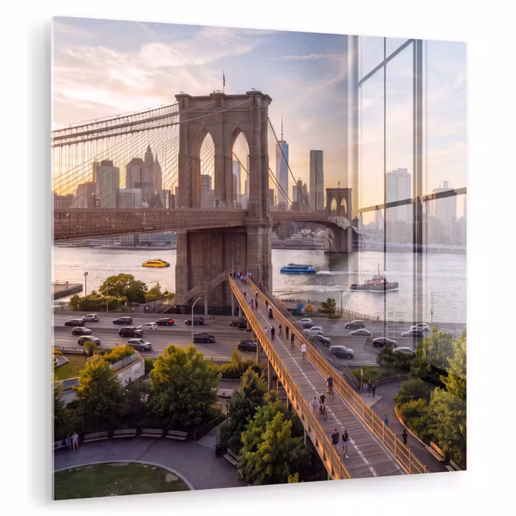 Glasbild - Brücke – Fluss – Stadt – Sonnenuntergang – Architektur - Brug - Rivier - Stad - Zonsondergang - Architectuur plexiglas 5mm klein