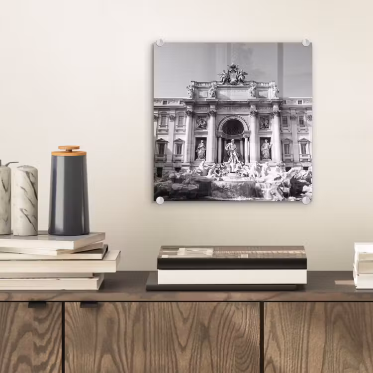 Glasbild - Brunnen – Skulpturen – Architektur – Schwarz-Weiß - Fontein - Beelden - Architectuur - Zwart-wit plexiglas 5mm klein