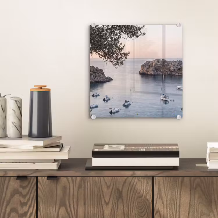 Glasbild - Bucht – Boote – Sonnenuntergang - Baai - boten - zonsondergang plexiglas 5mm klein