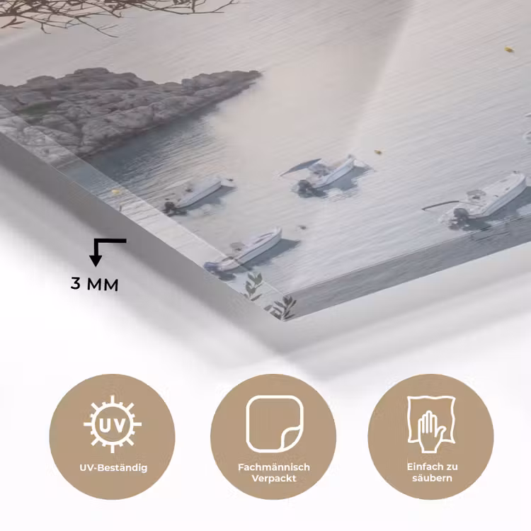 Glasbild - Bucht – Boote – Sonnenuntergang - Baai - boten - zonsondergang plexiglas 5mm klein