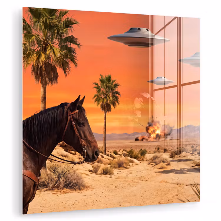 Glasbild - Cowboy – Pferd – Wüste - Cowboy - Paard - Woestijn plexiglas 5mm klein