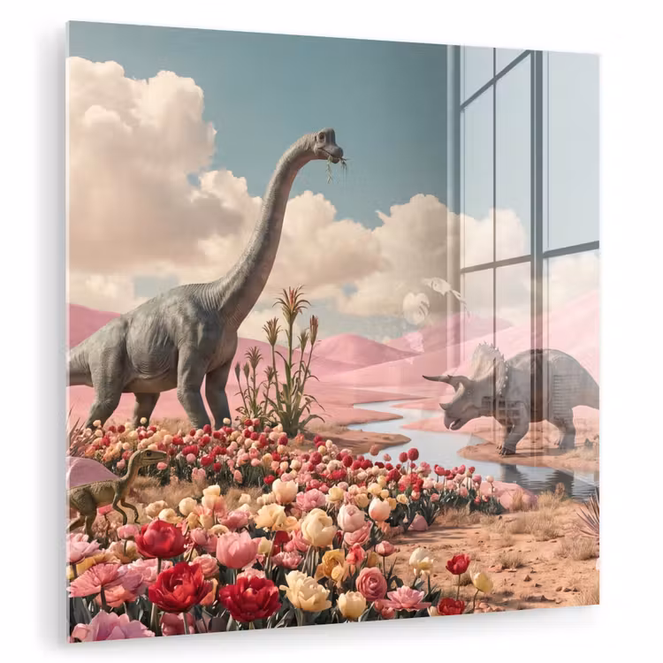 Glasbild - Dinosaurier – Rosa – Landschaft - Dinosaurus - Roze - Landschap plexiglas 5mm klein