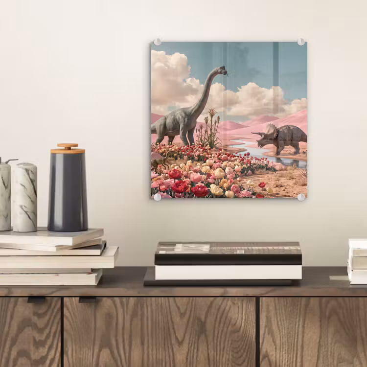 Glasbild - Dinosaurier – Rosa – Landschaft - Dinosaurus - Roze - Landschap plexiglas 5mm klein