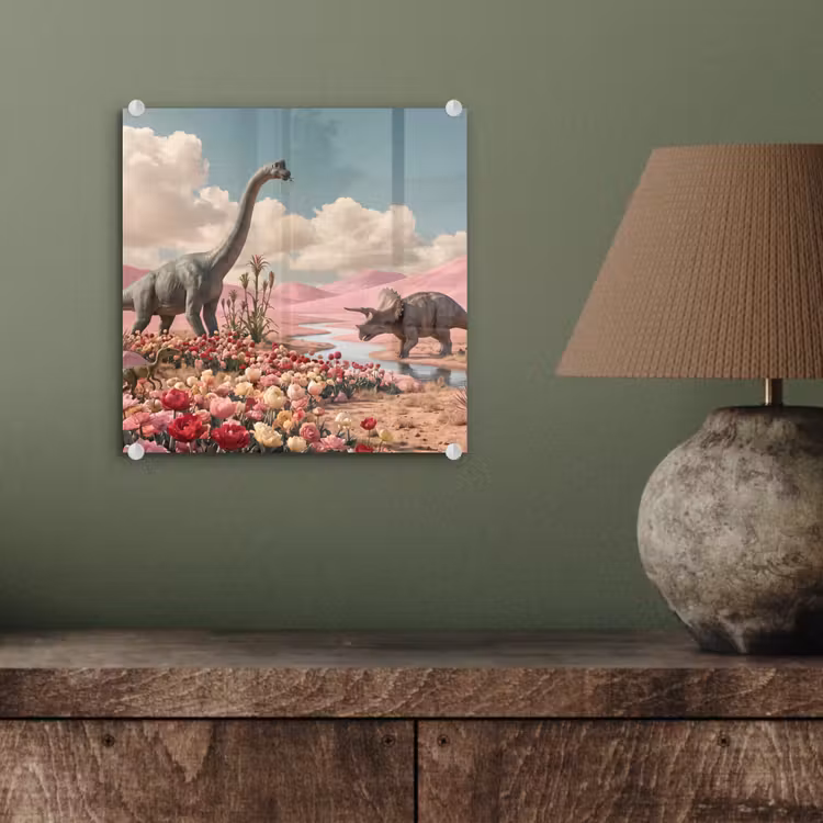Glasbild - Dinosaurier – Rosa – Landschaft - Dinosaurus - Roze - Landschap plexiglas 5mm klein
