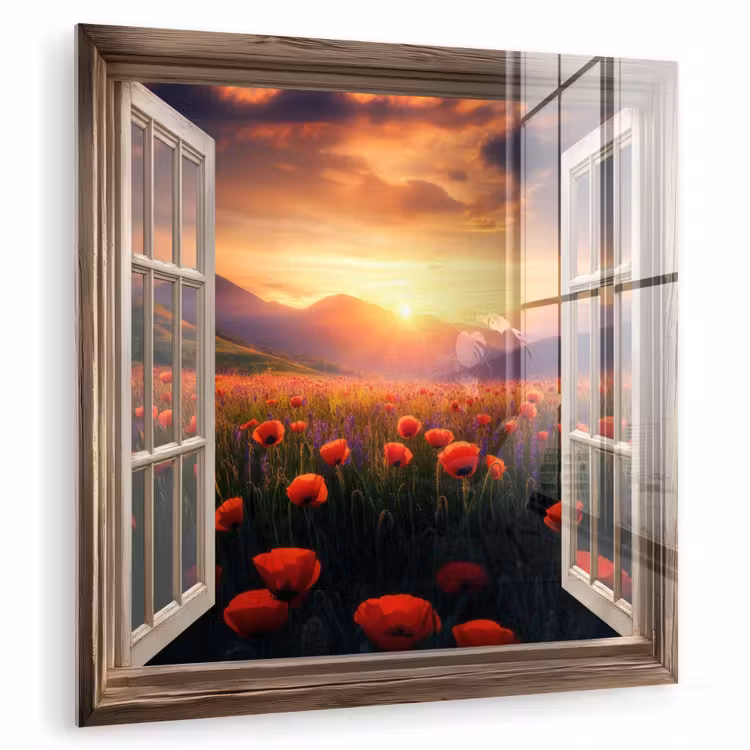 Doorkijk - Klaprozen - Bloemen - Rood - Open raam plexiglas 5mm klein -zzzproduct_nieuw