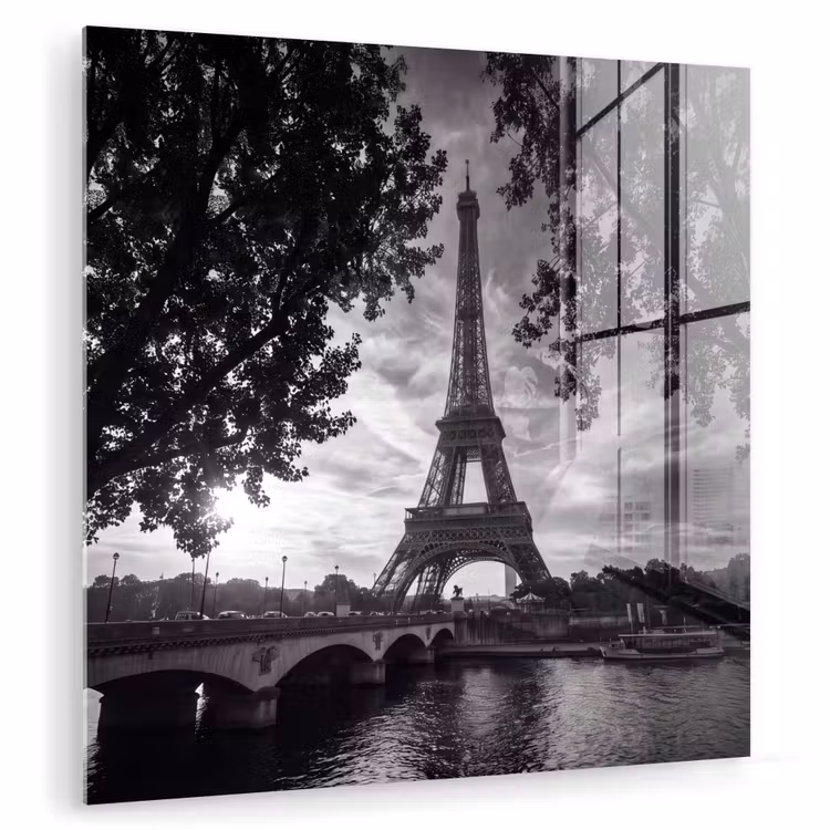 Glasbild - Eiffelturm – Paris – Fluss – Architektur – Schwarz-Weiß - Eiffeltoren - Parijs - Rivier - Architectuur - Zwart-wit plexiglas 5mm klein