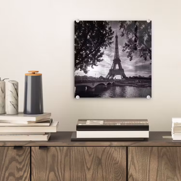 Glasbild - Eiffelturm – Paris – Fluss – Architektur – Schwarz-Weiß - Eiffeltoren - Parijs - Rivier - Architectuur - Zwart-wit plexiglas 5mm klein