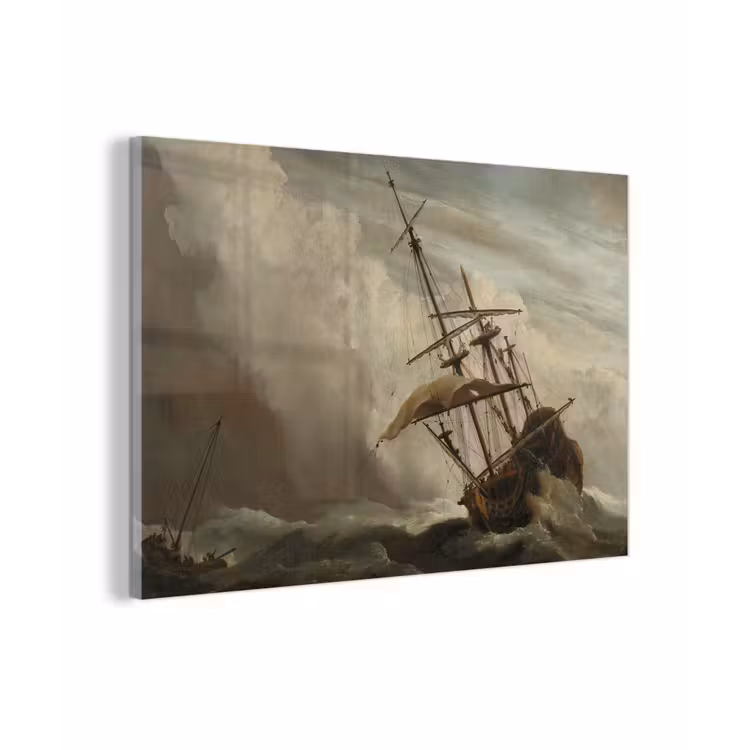 Een schip in volle zee bij vliegende storm - Schilderij van Willem van de Velde plexiglas 5mm klein -sfeer1