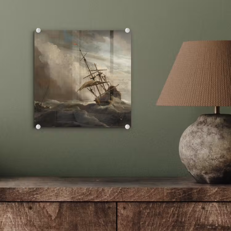 Een schip in volle zee bij vliegende storm - Schilderij van Willem van de Velde plexiglas 5mm klein -sfeer3
