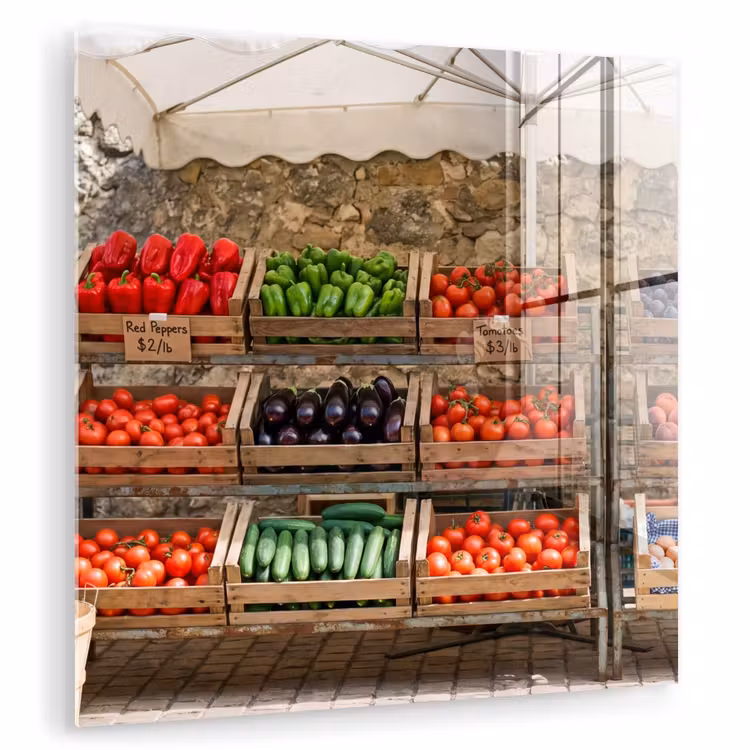 Glasbild - Essen – Markt – Frisch - Eten - Markt - Vers plexiglas 5mm klein