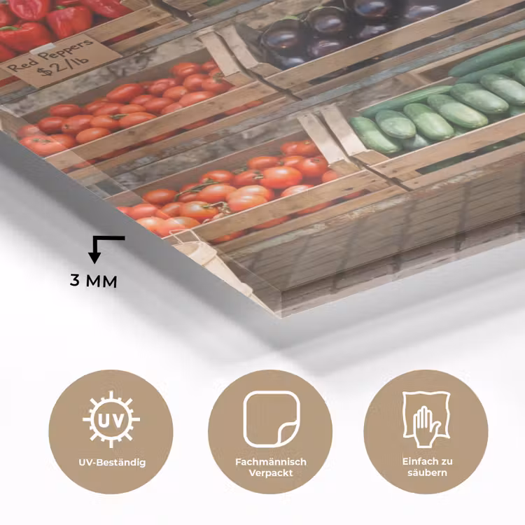 Glasbild - Essen – Markt – Frisch - Eten - Markt - Vers plexiglas 5mm klein