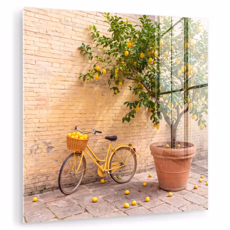 Glasbild - Fahrrad – Korb – Essen – Gelb – Sommer - Fiets - Mand - Eten - Geel - Zomer plexiglas 5mm klein