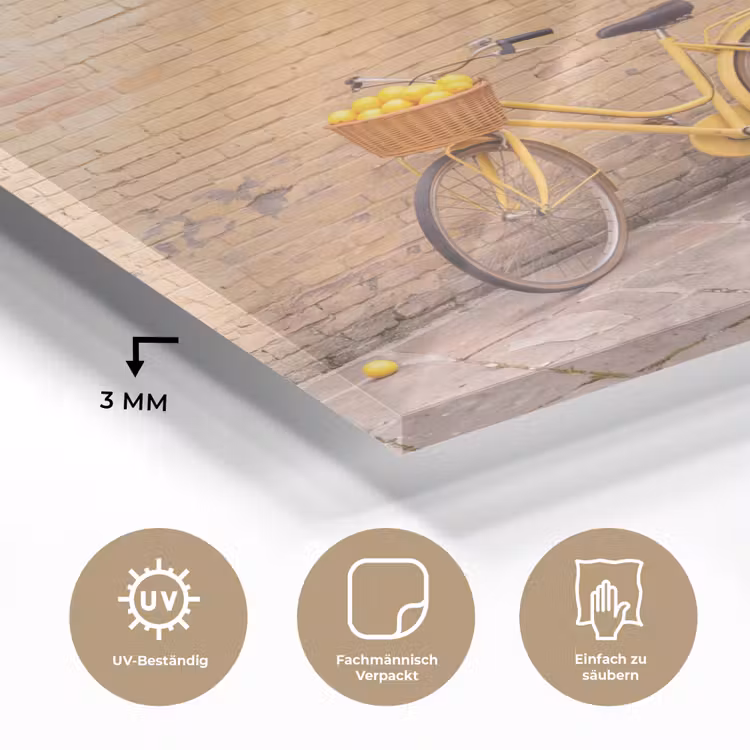 Glasbild - Fahrrad – Korb – Essen – Gelb – Sommer - Fiets - Mand - Eten - Geel - Zomer plexiglas 5mm klein