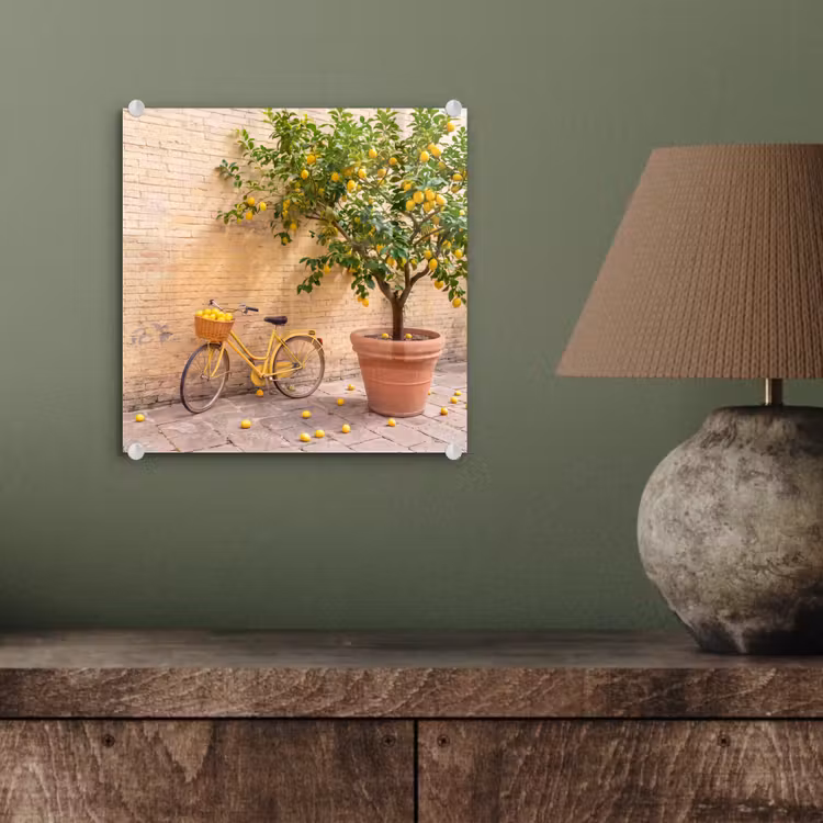 Glasbild - Fahrrad – Korb – Essen – Gelb – Sommer - Fiets - Mand - Eten - Geel - Zomer plexiglas 5mm klein