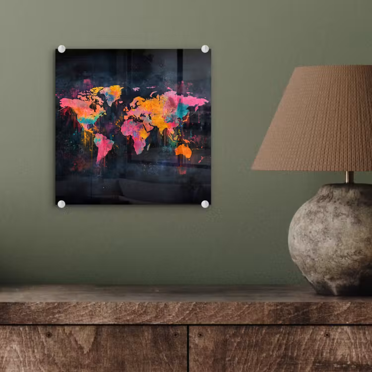 Verf - Wereldkaart - Kleur plexiglas 5mm klein -sfeer3