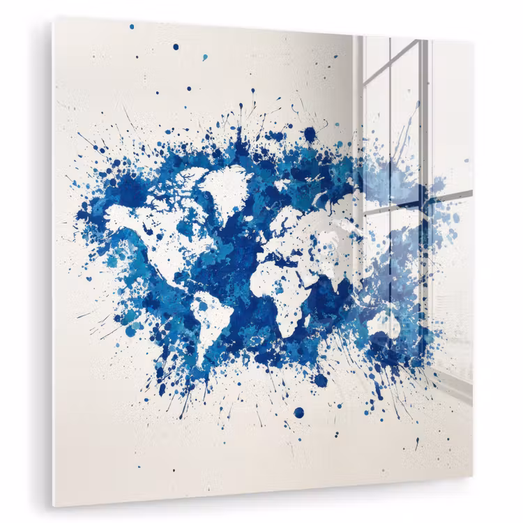 Verfspatten - Blauw - Wereldkaart plexiglas 5mm klein -zzzproduct_nieuw