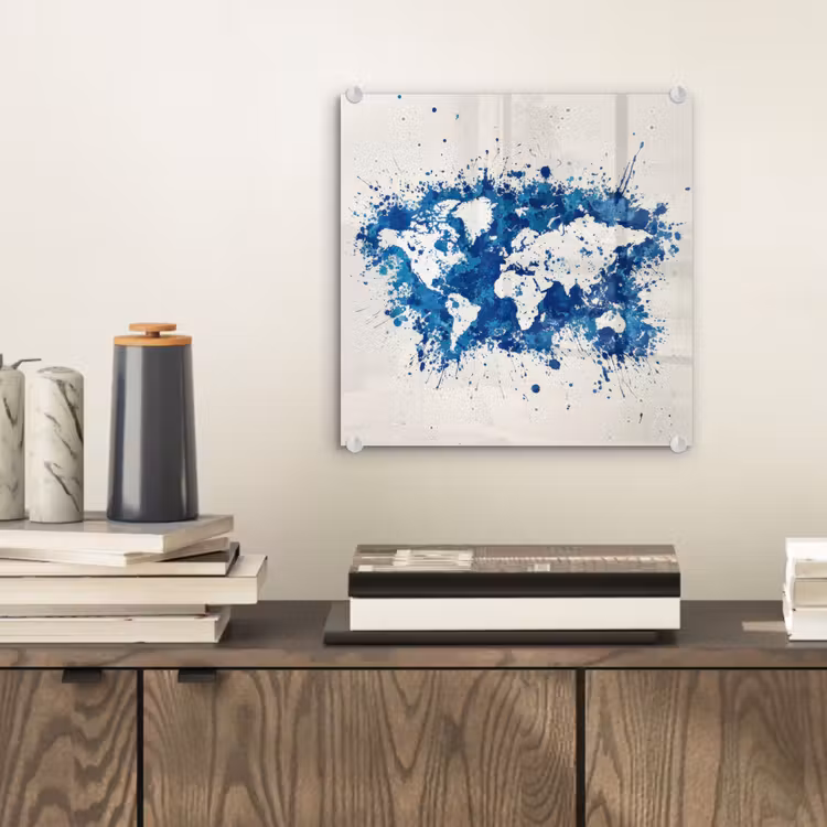 Verfspatten - Blauw - Wereldkaart plexiglas 5mm klein -sfeer1