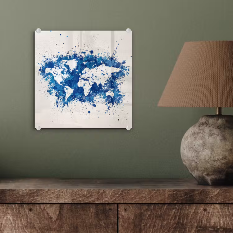 Verfspatten - Blauw - Wereldkaart plexiglas 5mm klein -sfeer3